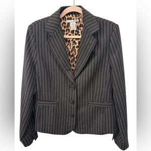 CAbi Black White Pinstripe Blazer Cheetah Leopard Lining Size 14 EUC
